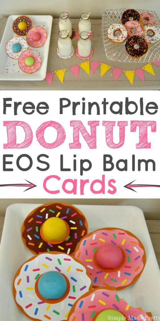 These Donut EOS lip balm cards are the perfect party favors for a Donut party, bridal shower, baby shower, teacher gift, Valentine, Mother's Day or Easter!