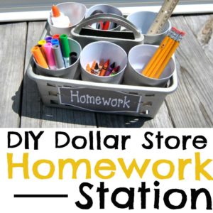 Get ready for a clutter-free school year with this simple Dollar Store portable homework station and our free printable label! Back to school, homework station, back to school DIY, back to school ideas
