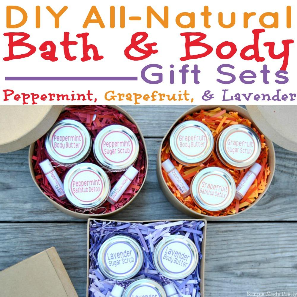 These 3 easy DIY all-natural bath and body gift sets are made with essential oils and all-natural ingredients. If you like making handmade gifts or use essential oils (or are thinking about using them) keep reading for how to make an all-natural beauty products gift set to give to loved ones (perfect for holiday gifts too!). Download the free printable labels to create an easy handmade gift for the ladies in your life! Grapefruit bath tub detox, grapefruit sugar scrub, grapefruit body butter, Peppermint bath tub detox, peppermint sugar scrub, peppermint body butter, lavender bath tub detox, lavender sugar scrub, lavender body butter