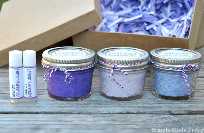These 3 easy DIY all-natural bath and body gift sets are made with essential oils and all-natural ingredients. If you like making handmade gifts or use essential oils (or are thinking about using them) keep reading for how to make an all-natural beauty products gift set to give to loved ones (perfect for holiday gifts too!). Download the free printable labels to create an easy handmade gift for the ladies in your life!lavender bath tub detox, lavender sugar scrub, lavender body butter