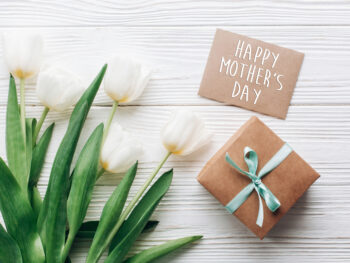 happy mothers day text sign on stylish craft present box and gre