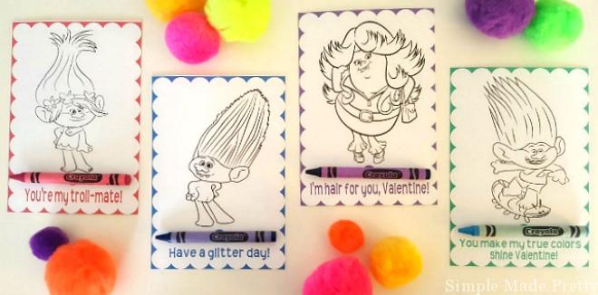 Grab these free printable trolls movie Valentine coloring cards for the kids to hand out to classmates. These are so easy to make and the kids will love them! Trolls movie, free printable Valentines, Trolls Valentines, DIY Valentines, Trolls Movie, Dreamworks Trolls, Trolls, printable Valentines