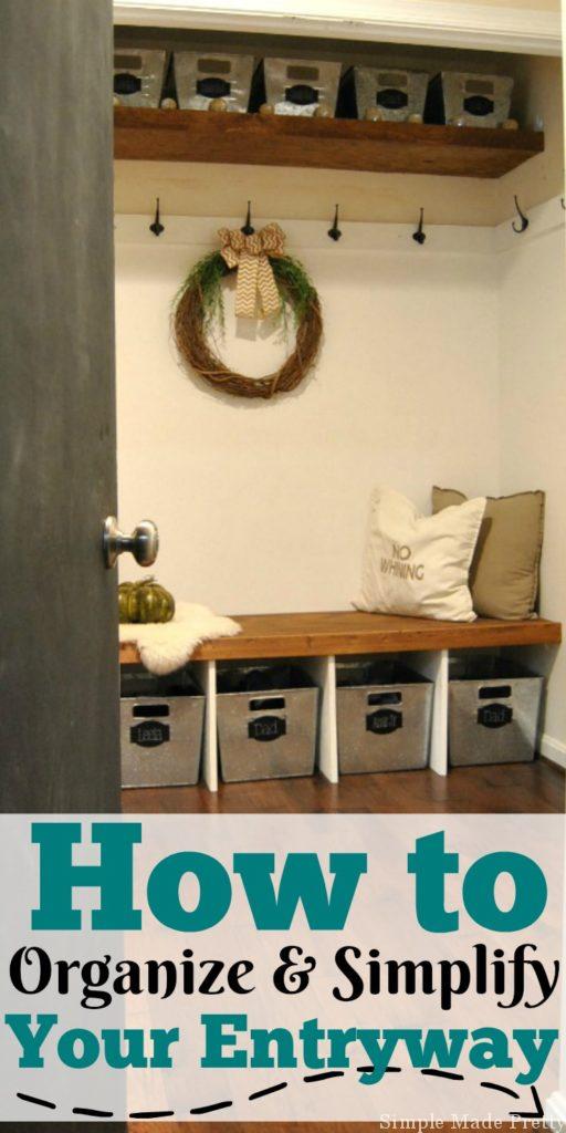 If you don't have a dedicated space to organize entryway items, this post is for you! These simple tips and tricks will show you How to Organize and Simplify Your Entryway to reduce the clutter in your home in no time! mudroom organization, coat closet organization, organized closets, organize coat closet, organize mudroom, diy mudroom, turn a closet into a mudroom