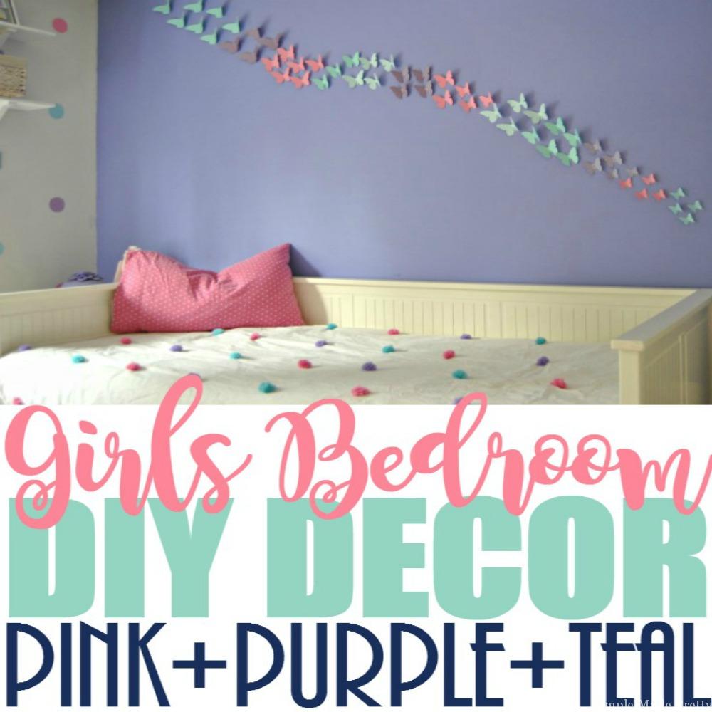 Update a girl's bedroom with this Girls Bedroom Decor with a Purple, Pink, and Teal Theme. This girls purple bedroom decor is mostly DIY bedroom decor projects made using my Cricut Explore, paint, cardstock, and other inexpensive materials. We went with a Teal bedroom theme so it wasn't purple overload. We incorporated a Pink bedroom theme because our daughter had so many leftover pink decor items since her previous bedroom was pink.