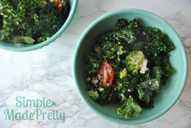 This 5-Minute Healthy Kale & Quinoa Salad is one of my favorite clean eating recipes! I've made this salad in a hotel room (that was equipped with a mini fridge and microwave) and my family was able to eat a little bit healthier while on vacation.