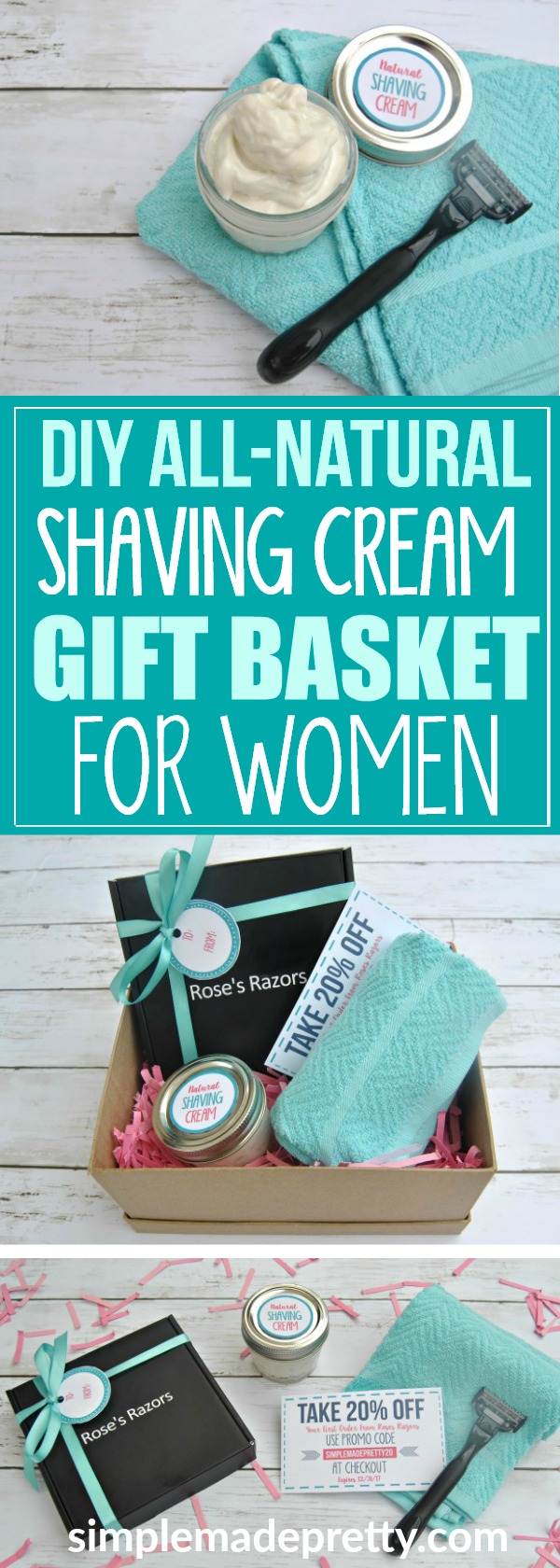 This gift basket idea for women is a thoughtful gift for birthdays, moms, friends, college students, care packages, and Christmas. The DIY shaving cream recipe has natural ingredients, including shea butter, coconut oil, and Young Living essential oils. The razors featured in this gift basket are from Roses Razors and are one of the best razors for women shaving that I've used. This frugal living DIY craft is easy for teen girls and the razors are gentle on skin.