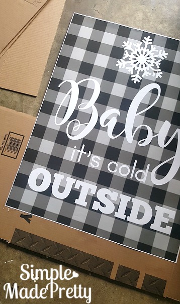 DIY buffalo plaid Christmas decorations, free printable Baby it's cold outside home decor print