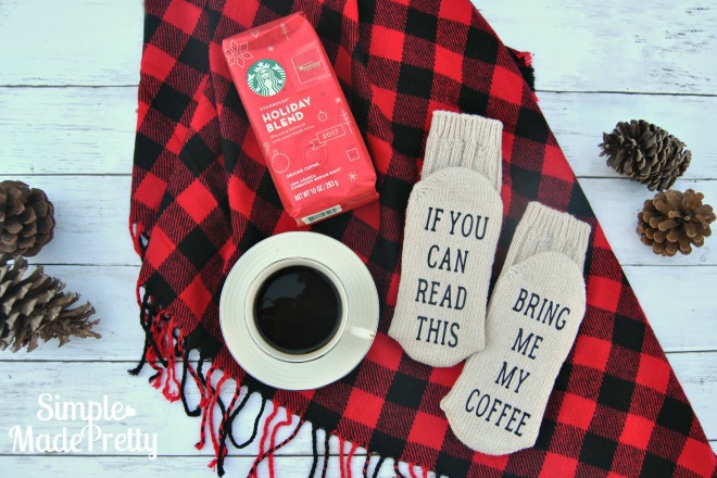 Make these DIY Bring me my coffee socks paired with Starbucks coffee as a fun holiday gift idea for coffee lovers!