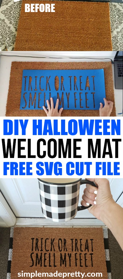 I love this easy DIY Halloween decor idea! Learn how to use your Cricut Explore to make a DIY welcome mat door mat and a funny Halloween welcome mat! Halloween welcome signs front porches | Halloween Welcome mat | diy home decor on a budget | DIY home decor dollar store #fallfrontporchdecor #halloweendecorideas #halloweenhomedecor #cricutcraftideas #cricutsvgfiles