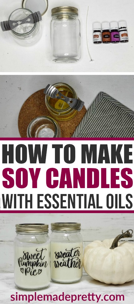 Learn How To Make Soy Candles With Essential Oils! If you like Pumpkin Spice recipes, pumpkin candles, and essential oils then you are going to love making these DIY soy wax candles! This tutorial includes how much essential oils to add to candles, how to make soy candles with essential oils, and information on how to get your young living starter kits! Young Living Essential Oils for Beginners #DIYsoycandles #younglivingessentialoils 