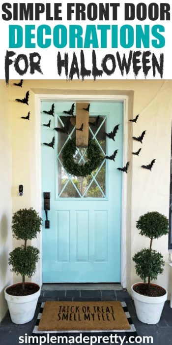 Keep your Halloween front door decorations simple this year while creating spooky Halloween decorations for your Fall front door.  These are creative ideas for homemade Halloween decor that's also cheap Halloween decor and goes with a teal blue front door. The result is Simple Halloween Front Porch Decor that adds the perfect touch of Halloween outdoor decorations. Keep reading for how I updated our Fall front door decorations in under an hour! #halloweenfrontporchdecor #DIYHalloweendecor