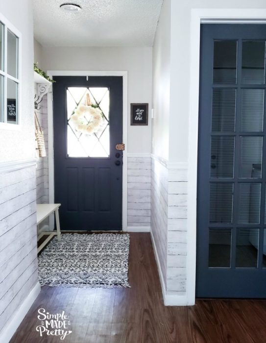 See how we updated our small entryway on a budget and check out the before and after pictures! Decorate A Small Entryway with Bench and Hooks, entryway door, entryway storage bench, storage benches, entryway ideas, entryway rugs, entryway rug, small entryway bench, entryway mirror, home entryway ideas, entryway table decor, entryway ideas with bench, entryway decor farmhouse, entryway decor with bench, entryway decor small entrance, entryway bench small decorating ideas #entrywaydecor