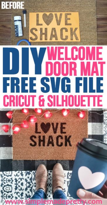 I love this DIY Valentine's Decor idea! Learn how to use your Cricut Explore to make a DIY welcome mat door mat,  Valentine's Welcome mat, DIY home decor on a budget, DIY home decor dollar store, LOVE SHACK, doormat DIY, DIY doormat, personalized doormat, DIY custom doormat,  #DIYdoormat #diywelcomemat #cricutcraftideas #cricutsvgfiles
