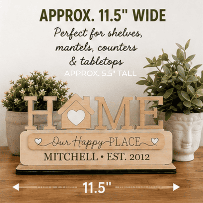 Interchangeable HOME sign with house and heart shapes and personalized family name plaque