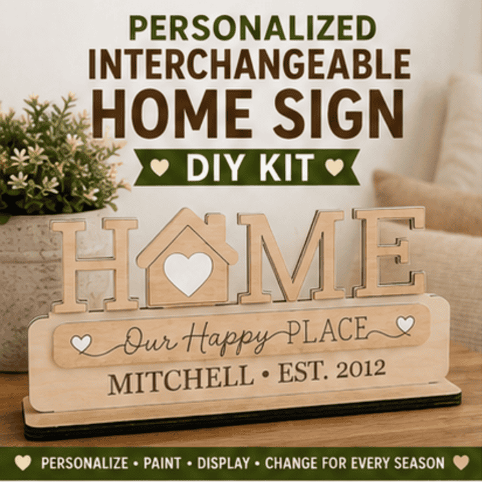 Personalized interchangeable HOME sign kit with removable shapes and quote plaque on a tabletop display