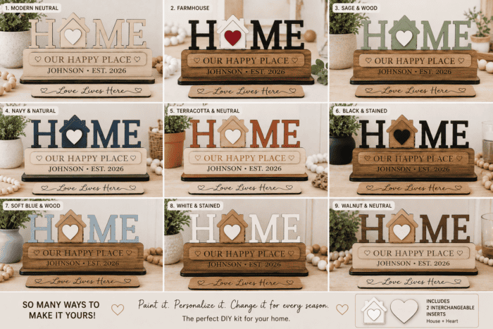 Personalized interchangeable HOME sign kit with removable shapes and quote plaque on a tabletop display
